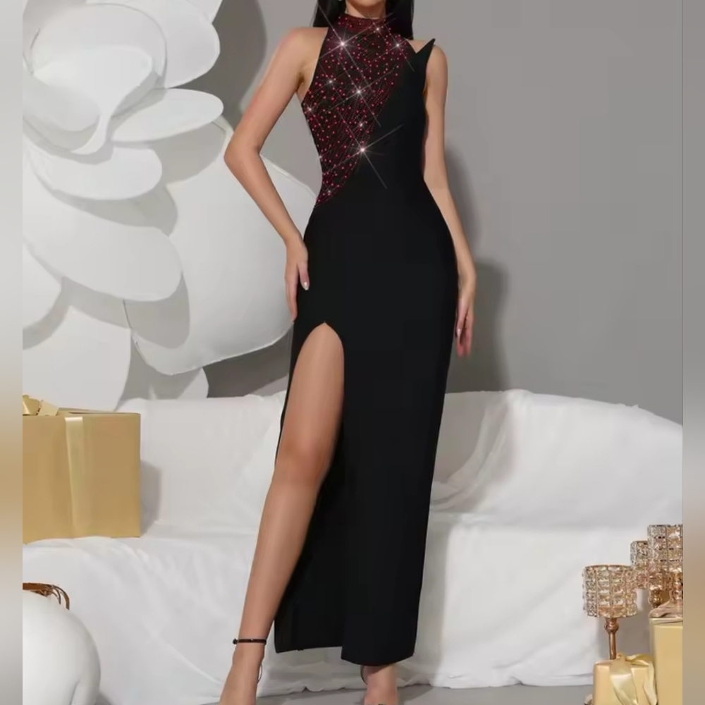 Black Red Beaded Rhinestone Gown Dress